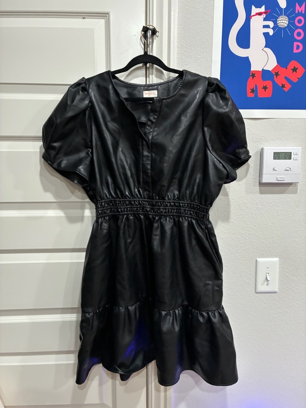 Faux Leather Black Midi Dress with Smocked Waist
